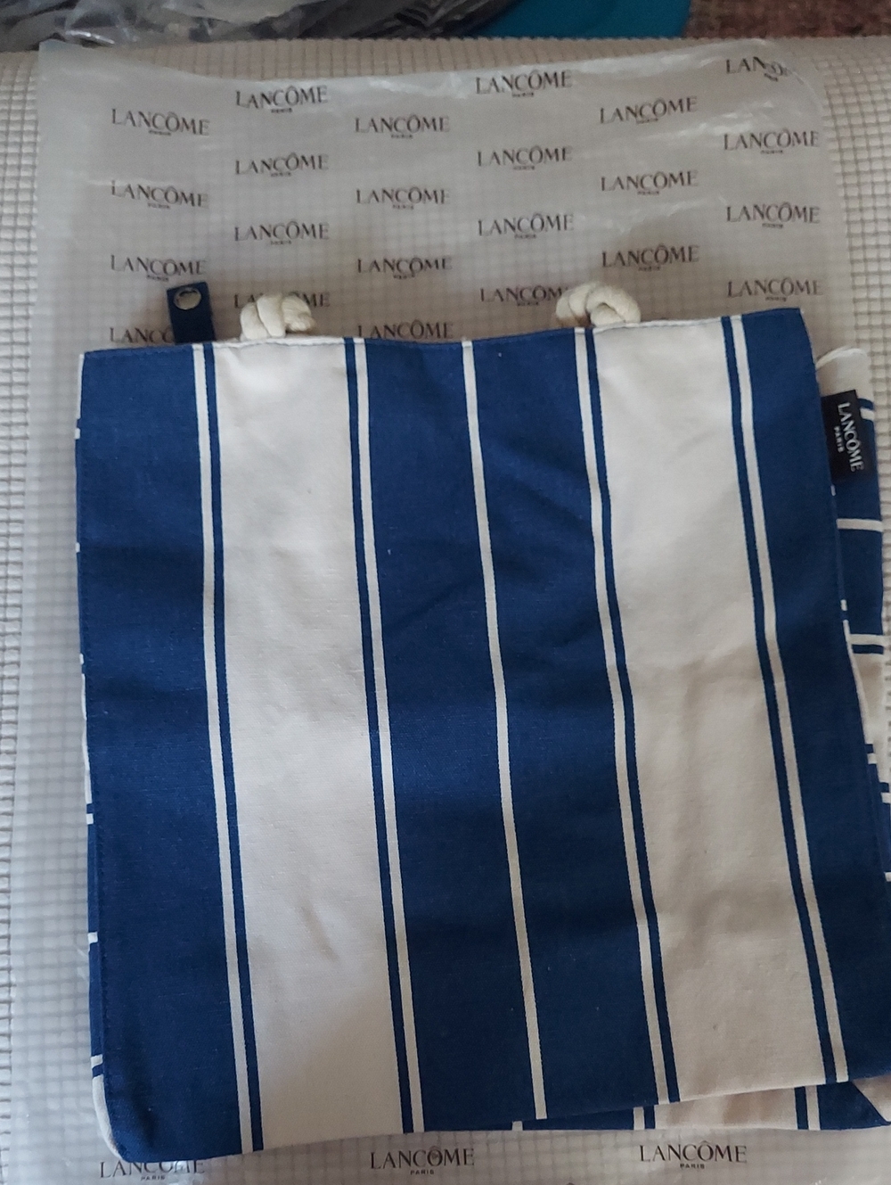 Lancôme Blue and White Striped Canvas Tote